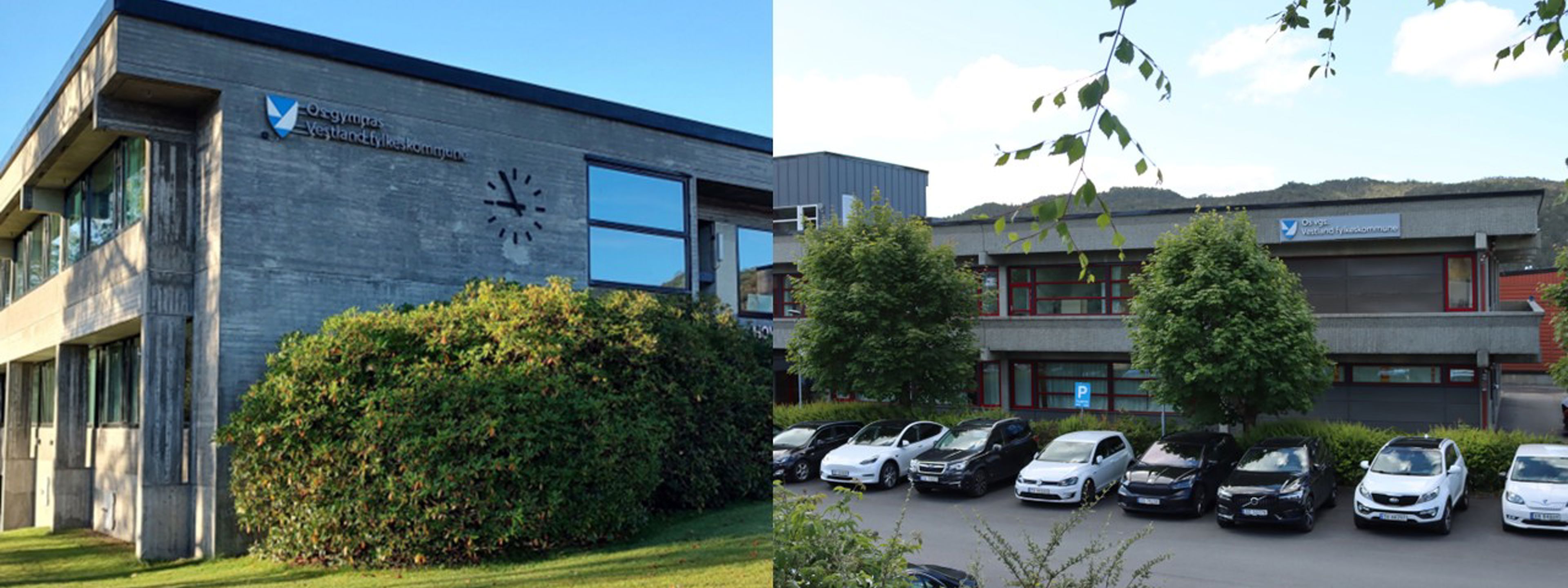 Bilete av skulebygningane til Os gymnas og Os vidaregåande skule